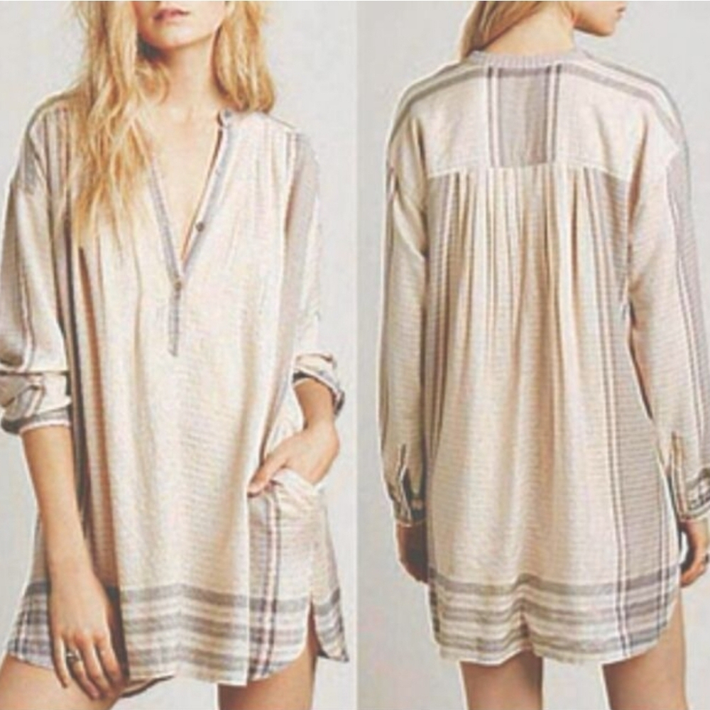 Free People S/P Blouse Tunic Shirt Plaid Pink Gray Gold Metallic Oversized.